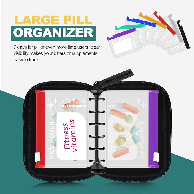 Timueetech A7 Waterproof Pill Organizer with 7 PCS L Size Zippered Pill Pouches for A7 Binder, Large BPA-Free Weekly Medicine Organizer, Color-Coded Reusable Travel Pill Storage System