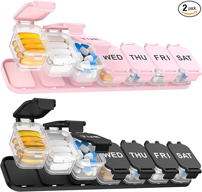 2-Pack Extra Large Weekly Pill Organizer, Travel Pill Box 7 Days, XL Vitamin Holder with 7 Detachable Compartments, Protable Medicine Organizer for Home and Travel