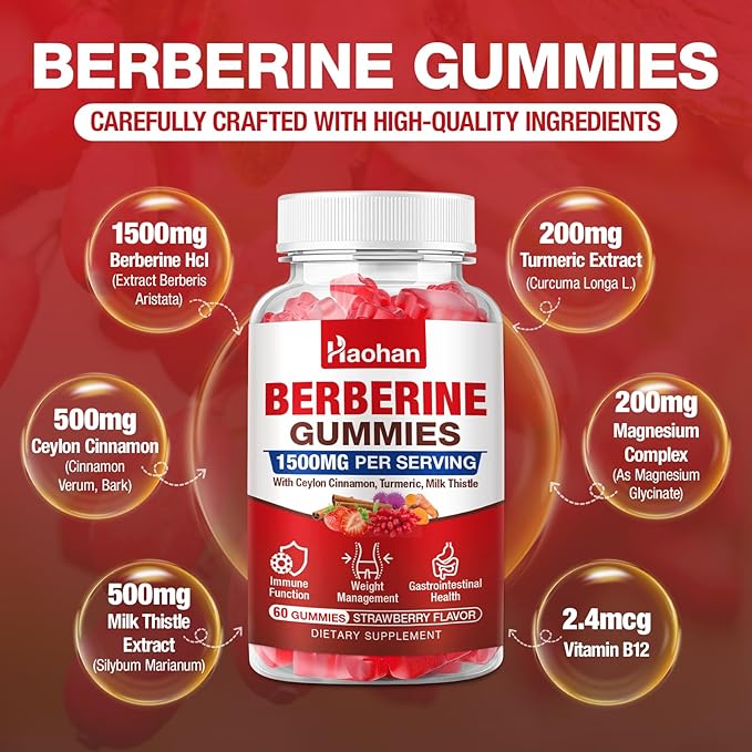 Haohan Berberine Gummies, 1500mg High Potency Berberine HCl, Ceylon Cinnamon, Milk Thistle, Immune System & Metabolism Support, Vegan, Strawberry Flavor, 120 Count
