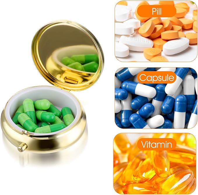 WLLHYF Pill Box Cute Small Pill Box for Purse & Pocket Medicine Organizer Travel Pillbox Waterproof Pill Case Metal Pill Container Holder for Vitamins, Fish Oil, Supplements(Gold)