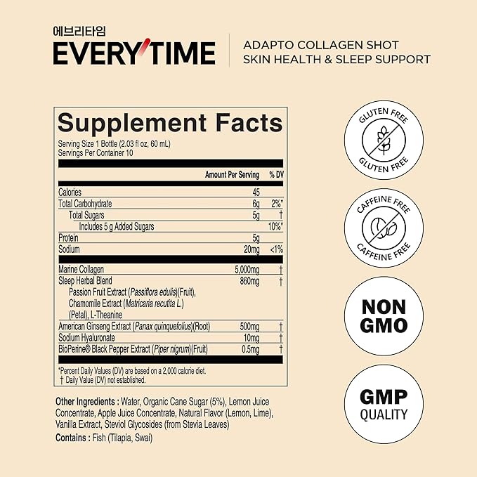 JUNG KWAN JANG Everytime Adapto Collagen Shot - Skin and Immune Support - Liquid Adaptogen Drink with Marine Collagen, Korean Red Ginseng & Vitamin C - No Gluten, No Caffeine (10 Bottles, 2.03 fl oz)
