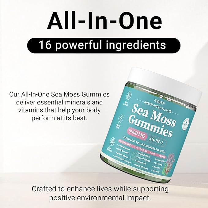 Sea Moss Gummies 16-in-1 - Ashwagandha Black Seed Oil Bladder Wrack Turmeric Vitamin C & D3 with Manuka Burdock Root Dandelion Yellow Dock Natural Detox & Liver Health Immune Support, Energy Boost