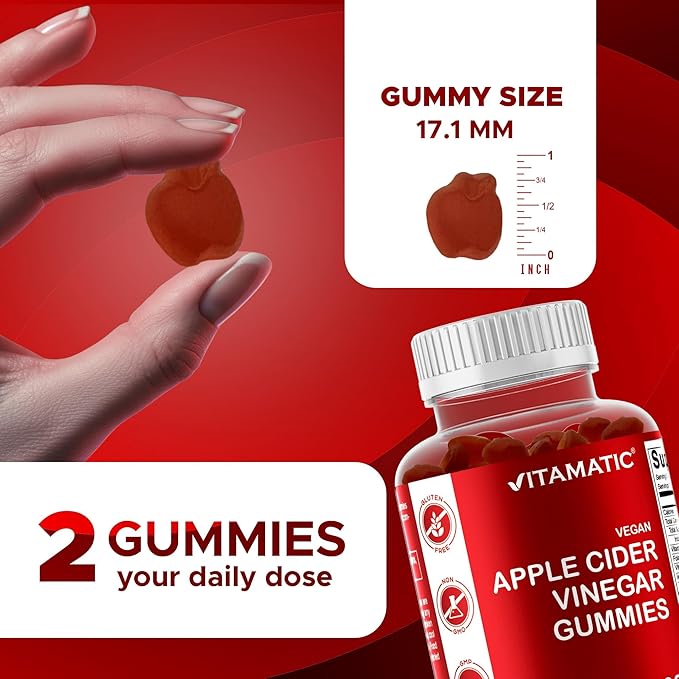 Vitamatic Apple Cider Vinegar Gummies - 1000mg per Serving - 60 Vegan Gummies - ACV Gummies for Detox, Weight Loss Support, Energy Boost, Digestion & Gut Health