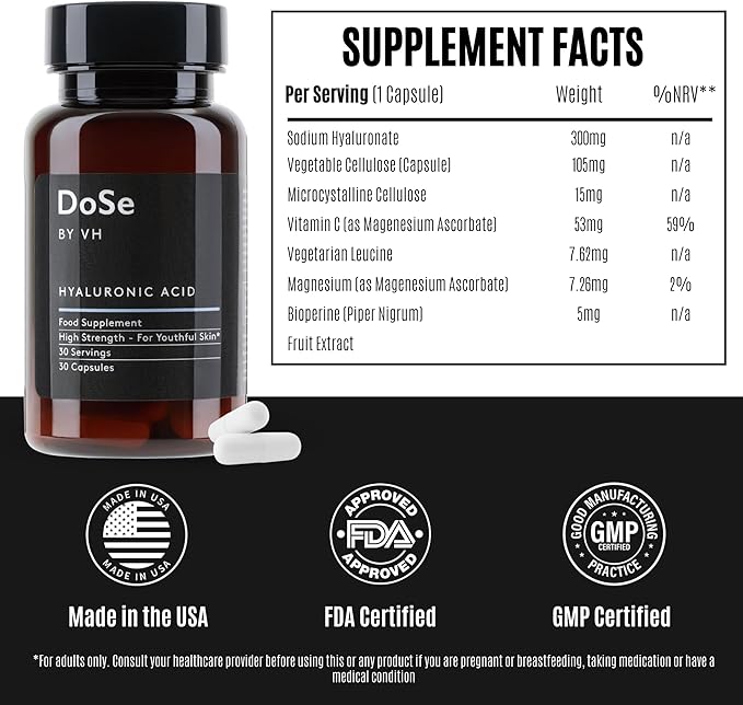 DoSe by VH Hyaluronic Acid Capsules 300mg – Hyaluronic Acid Supplement with Vitamin C – Supports Skin Hydration, Joint Comfort & Eye Moisture – Vegan Supplement (30 Capsules)