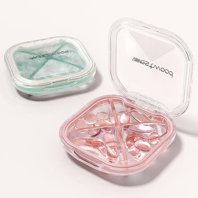 HyJeryty 4-Compartment Pill Organizer, Small Pink Portable Pill Case for Daily Vitamins, Supplements & Medication, Travel-Friendly Compact Design, Stylish Cute Medicine Pill Box Pill Holder