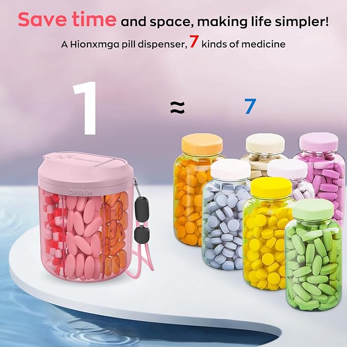 HIONXMGA Pill Organizer with 7 Large Compartments, Pill Dispenser for Travel, Supplement Organizer with Anti-Mixing Design, BPA-Free Pill Container with 20 Pcs Labels, Pink