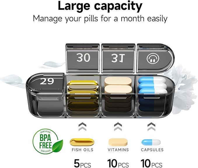 Zoksi Monthly Pill Organizer 1 Times a Day, 30 Day Pill Box Organizer,One Month Pill Case for Travel, 31 Day Daily Medcine Container for Vitamins, Supplement & Medication(Black)