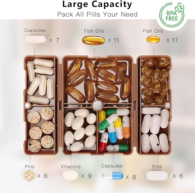 FYY Daily Pill Organizer, 7 Compartments Portable Travel Pill Case, [Folding Design] for Purse Pocket to Hold Vitamins,Cod Liver Oil,Supplements and Medication-Brown