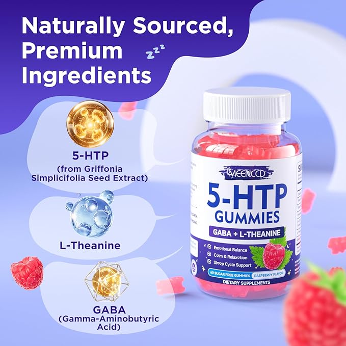 5-HTP Gummies 300mg, 5-HTP Supplement with 200mg L-Theanine & 50mg GABA, GABA Supplements for Adults, Sugar Free, Raspberry Flavor, 60 Count