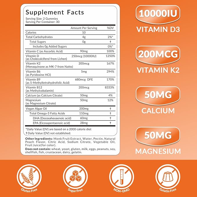 Vitamin D3 K2 Gummies, Sugar Free Vitamin D3 K2 w/Calcium, Magnesium, Omega-3, Vitamin C,B12, K2 D3 Supplement