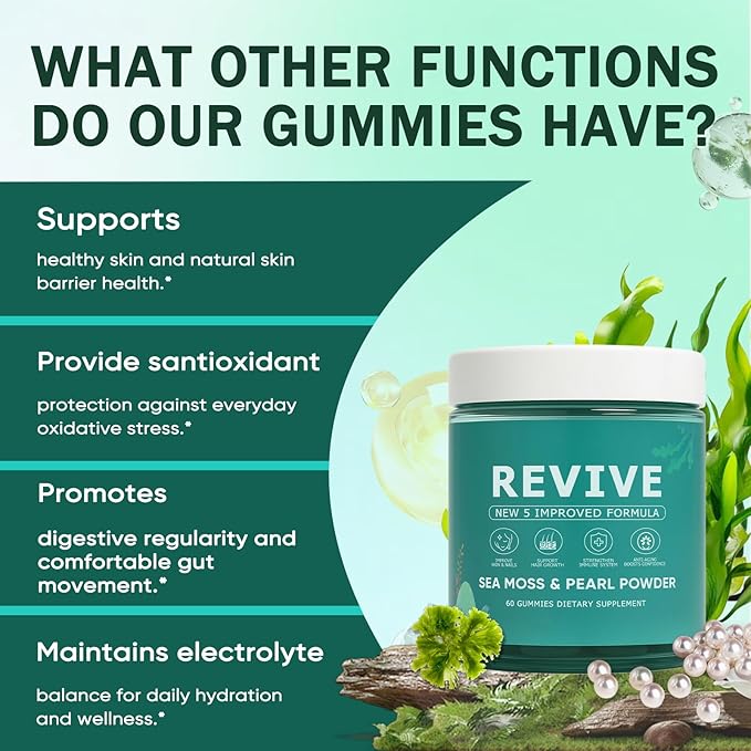 Revive Hair Gummies, Balmbare Revive Gummies for Hair, Promotes Thicker, Fuller, Stronger Hair, with Organic Irish Sea Moss, Pearl Powder Glow, Vitamin C/E, Aloe Vera, 60 Count (2)