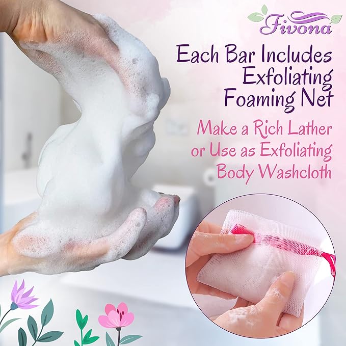 FIVONA Set of 3 Yoni Herbal Soap Bars for Gentle Feminine Intimate Wash and Whole Body All-Natural Handmade Includes Exfoliating Scrubber Foaming Net - Natural Detox and Vagi Cleansing - 3x 5.3oz