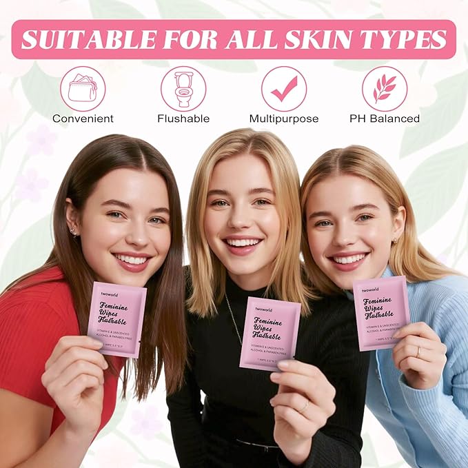 Feminine Wipes Individually Wrapped, Flushable Wipes Travel,Feminine Care Vaginal Wipes for Adult,Women, Girl and Homeless (Pack of 50,Unscented)