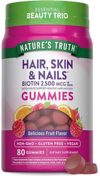 Nature's Truth Hair Skin and Nails Gummies | 80 Count | 2500mcg of Biotin | Vegan, Non-GMO, Gluten Free Supplement | Vitamin for Women & Men