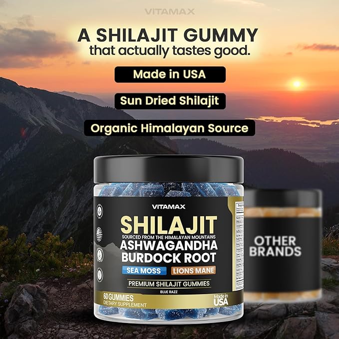 Pure Shilajit Gummies, Sea Moss, Ashwagandha, 105+ Trace Minerals – Organic Burdock Root & Lions Mane Mushroom - Blue Razz – Vegan & Non-GMO – Made in USA – 60ct