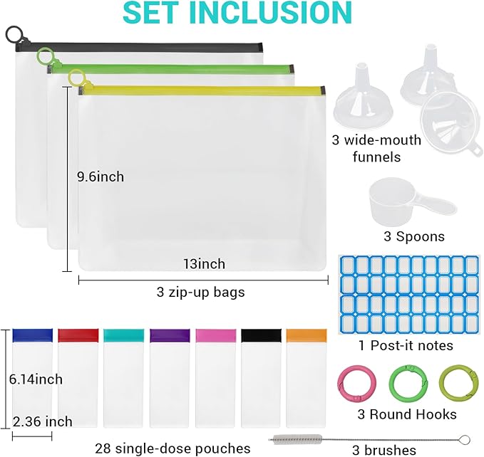 Supplement Travel Container, Travel Containers for Powder Supplements Include 28 Reusable Powder Packets, 3 Large Zip Bags, BPA-Free Protein Powder Container to go for Workout, Fitness