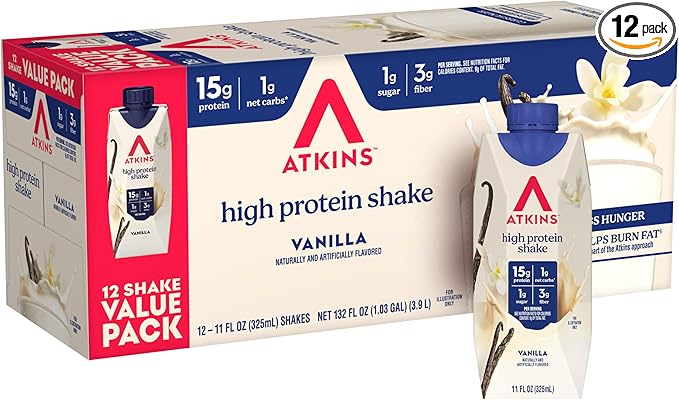 Atkins Vanilla High Protein Shake, 15g Protein, Low Glycemic, Low Carb and Low Sugar Protein Shakes, Keto Friendly Ready to Drink Shakes, 12 Vanilla Flavored Protein Shakes