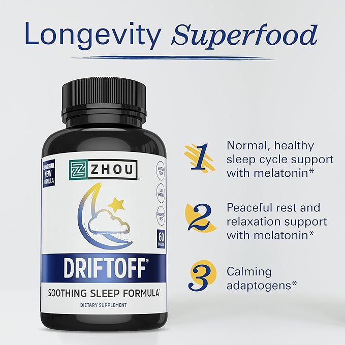 Zhou Driftoff - Nature Inspired Sleep Aid, Valerian Root & Melatonin for Sleep for Men & Women, Calm Sleeping Supplement for Adults with Gaba & Chamomile to Relax - 60 Veggie Capsules