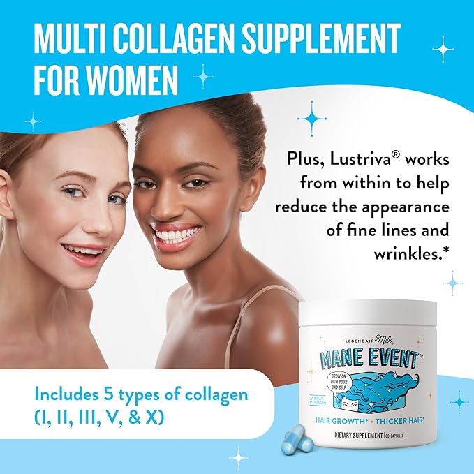 Legendairy Milk Hair Growth Vitamins for Women - Biotin for Hair Growth with Collagen & Lustriva, Hair Loss Products & Supplements for Thinning, Thicker, Fuller, Stronger Skin & Nails, Mane Event™