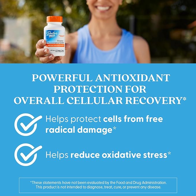 Doctor's Best Trans Resveratrol Supplement 600 mg for Men & Women - 98% Pure Trans-Resveratrol Capsules for Nutrition, Health & Wellness Support, Vegan, Gluten Free, Non GMO - 60 Veg Caps