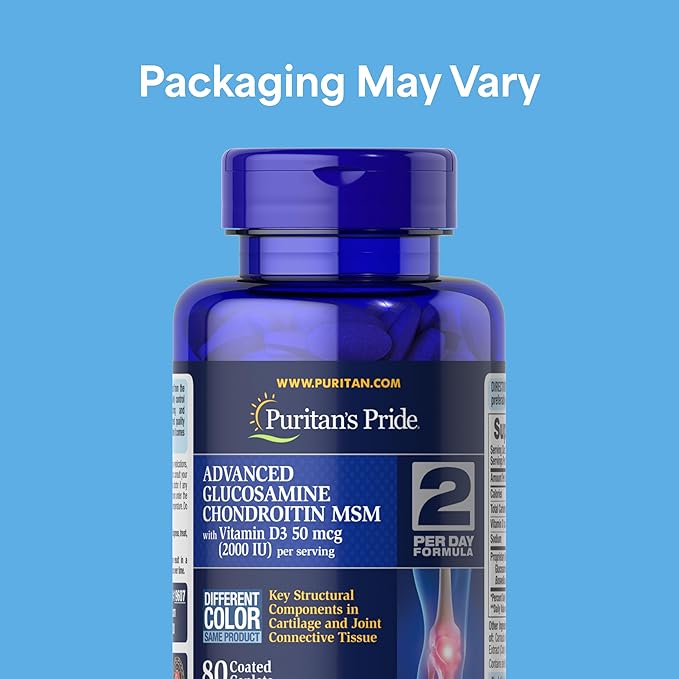 Puritan's Pride Advanced Glucosamine Chondroitin MSM With Vitamin D3 50mcg (2000 IU), Dietary Supplement for Joint Health, 80 Coated Tablets
