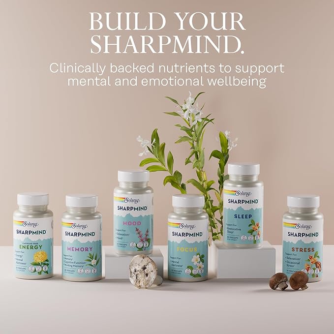 SOLARAY SharpMind Mood Support Supplement, Nootropic for Relaxation and Emotional Well-Being, Zembrin, Holy Basil, Lithium 5mg, Organic Reishi Mushroom, 60 Day Guarantee, 30 Servings, 30 VegCaps