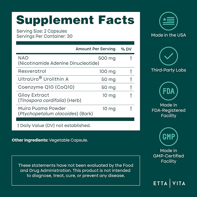 Liposomal NAD+ Supplement - Resveratrol, Urolithin A, CoQ10 & Muira Puama (Made in USA) NAD Supplement for Natural Energy, Brain Fog, Digestion, Detox, Gut Health, Microbiome, NR NMN Replacement