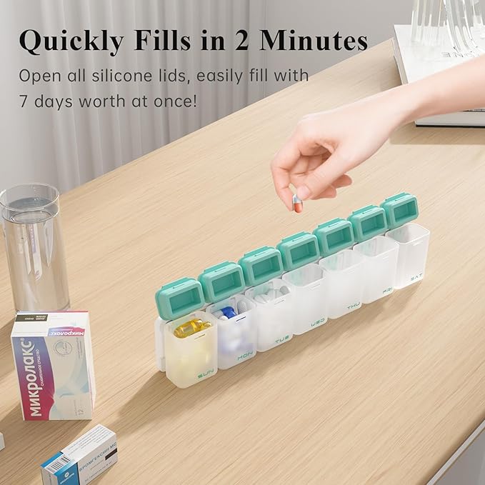 KOVIUU Weekly Pill Organizer Magnetic, Removable Pill Box 7 Day 1 Time a Day, Large Pill Case Travel, Week Once Daily Medication Dispenser, Medicine Container Holder for Supplement Vitamin, Cyan