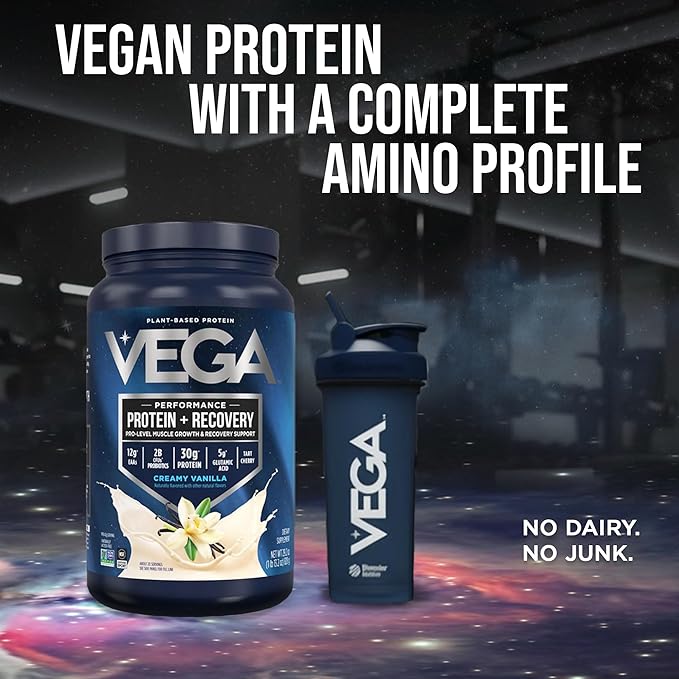 Vega Sport Vegan Protein Powder + Recovery - 30g Plant Based Protein per Serving, Vanilla, 20 Servings, 5g BCAAs, Probiotics, NSF Certified, for Shakes & Smoothies, 1.8lbs (Packaging May Vary)