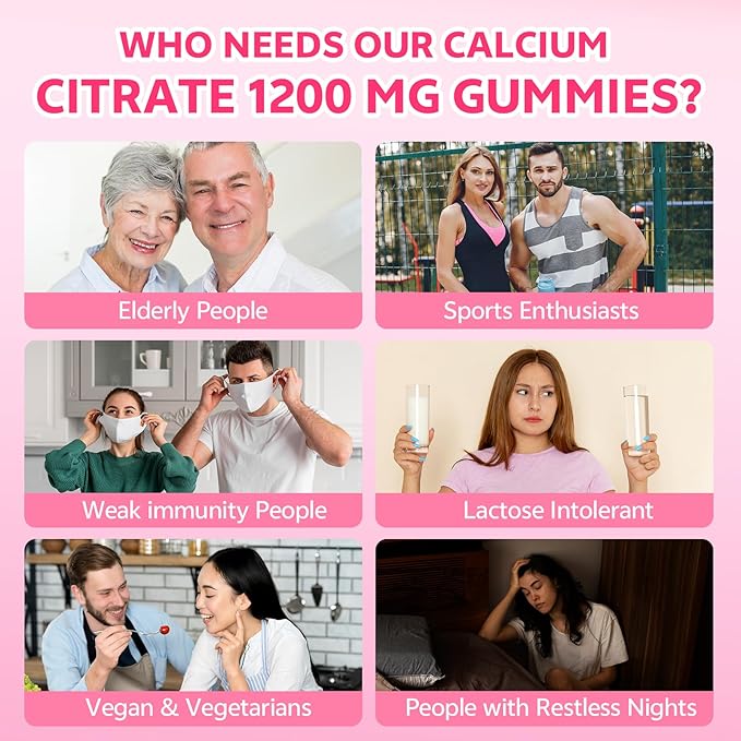Calcium Citrate Gummies 1200mg for Adults & Kids, Chewable Calcium Citrate for Bone, Muscle & Immune Support, Bioavailable Calcium Supplements for Women & Men, Raspberry Flavor, 120 Count
