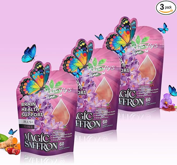 BUTTERFLY'S TEAR Magic Saffron Gummies | 12-in-1 Daily Health Support | Mixed Berry Flavor | Mood, Gut & Metabolism, Mind & Body, Energy Support | 60 Gummies Dietary Supplement