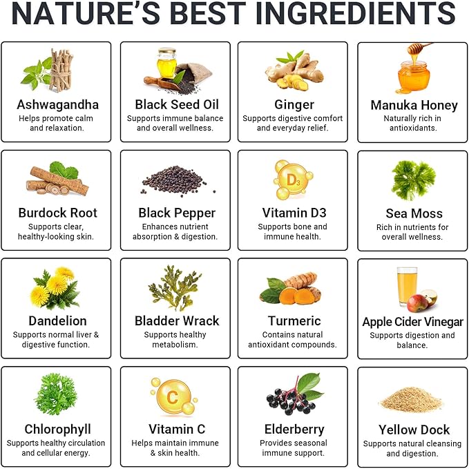 Sea Moss Gummies 16-in-1 - Ashwagandha Black Seed Oil Bladder Wrack Turmeric Vitamin C & D3 with Manuka Burdock Root Dandelion Yellow Dock Natural Detox & Liver Health Immune Support, Energy Boost