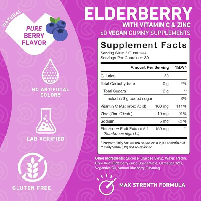 PUREFINITY Elderberry Gummies with Sambucus, Vitamin C, and Zinc – Your Perfect Daily 3-in-1 Supplement for Kids & Adults – Gluten Free, Non-GMO, Vegan, 60 Count (Pack of 2)
