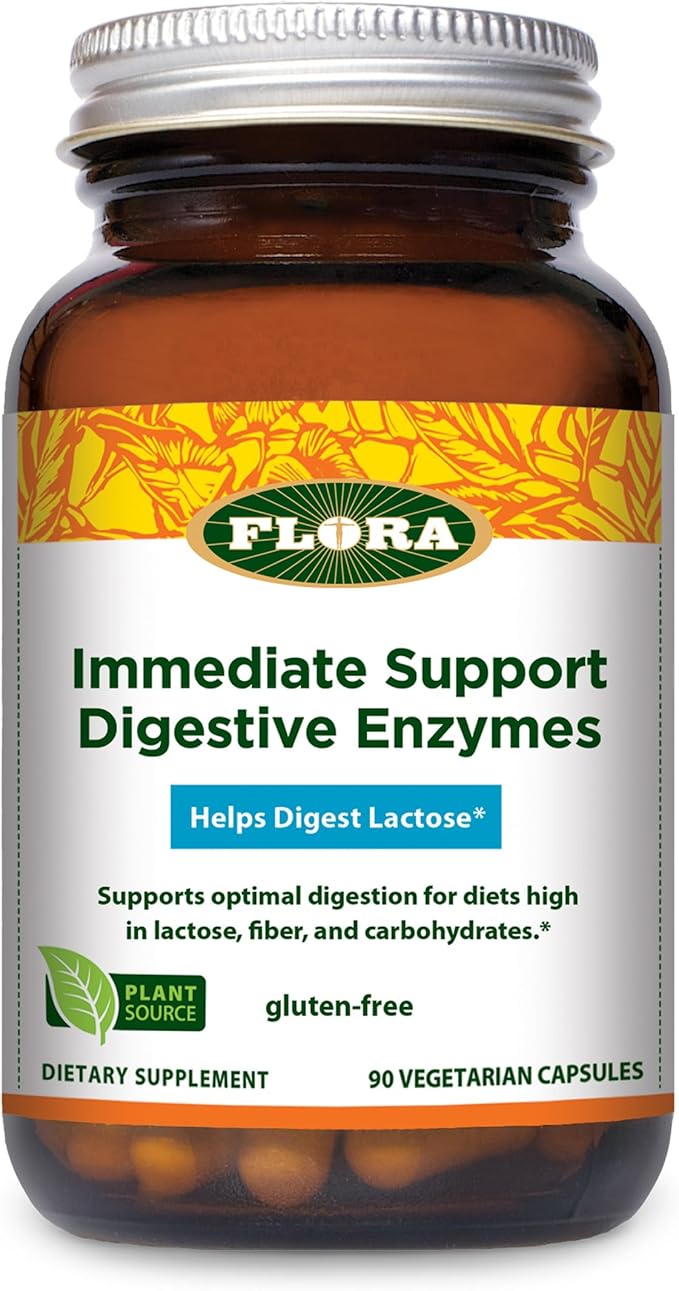 Flora - Immediate Support Digestive Enzymes - Supports Lactose Digestion, Bloating, Heartburn & Gas - Contains 7 Enzymes - Gluten-Free - 90 Vegetarian Capsules