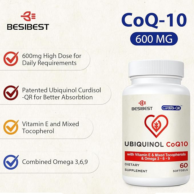Besibest Ubiquinol CoQ10-600mg-Softgel, Active Coq10 Ubiquinol Supplement with Vitamin E & Omega 3, 6, 9, High Absorption-Coenzyme-Q10, Powerful Antioxidant for Energy Production, Tested, 60 Count