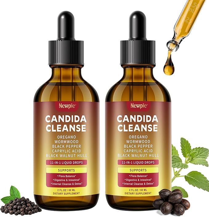 Candida Cleanse & Parasite Cleanse Detox | Black Pepper-Boosted Triple-Targeting Formula with Caprylic Acid, Oregano, Black Walnut | Gut Health, Immune Support 2 Fl Oz (Pack of 2)