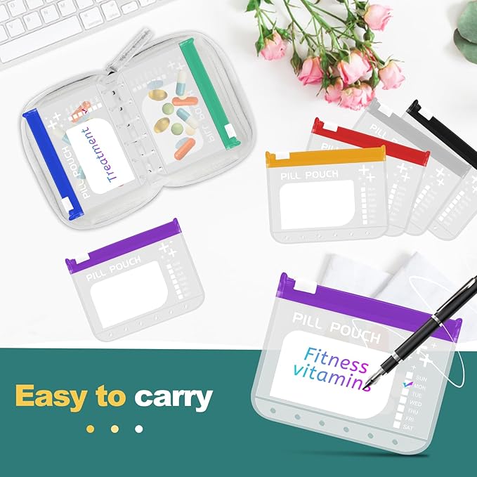 Timueetech A7 Waterproof Pill Organizer with 7 PCS L Size Zippered Pill Pouches for A7 Binder, Large BPA-Free Weekly Medicine Organizer, Color-Coded Reusable Travel Pill Storage System