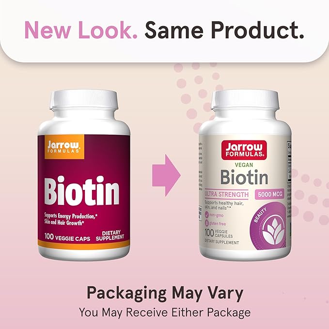Jarrow Formulas® Biotin Ultra Strength 5000 mcg, Dietary Supplement, Hair, Skin, and Nails Support, 100 Veggie Capsules, Up to 100 Day Supply
