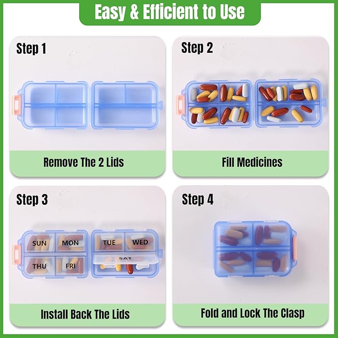 7 Day Compact Pill Organizer, Foldable Portable Travel Pill Box with Double Protection, Daily Small Pill Case Dispenser for Medication, Vitamins, Supplements (Clear Blue)