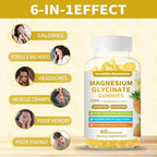 Magnesium Glycinate Gummies 1000mg - Sugar Free Magnesium Potassium Supplement for Relaxation, Calm, Stress Relief, and Sleep Support for Adults & Kids - 60 Pineapple Gummies