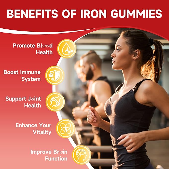 Vegan Iron Gummies for Women & Men, Iron Supplement with B-Complex, Vitamin C, A, Folate for Adults & Kids - Blood Builder & Energy Support & Immune Health - Strawberry Flavor, 60 Gummies