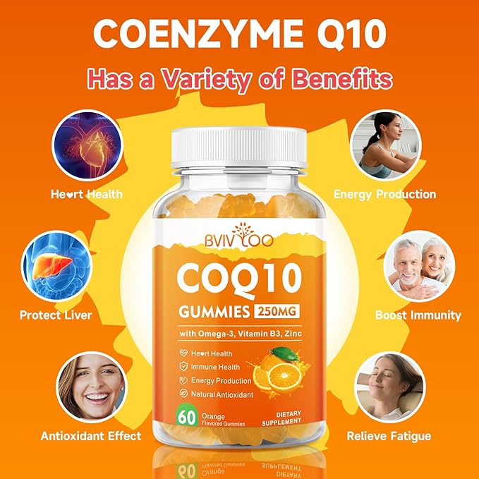 CoQ10 Gummies 250mg, Plus Omega-3, Vitamin B3 & Zinc, Magnesium - High Absorption Coenzyme Q10 Supplements for Heart Health, Cellular Energy, & Antioxidant Support, 60 Count