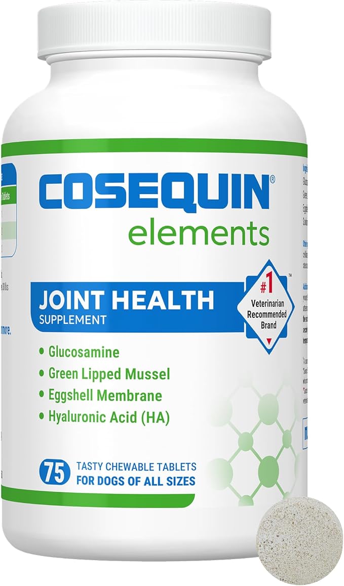 Nutramax Laboratories Cosequin Elements Dog Joint Health Supplement with Glucosamine, Green Lipped Mussel, Eggshell Membrane, & Hyaluronic Acid, 75 Tasty Chewable Tablets for Dogs