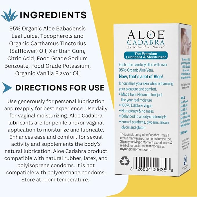 Aloe Cadabra Flavored Personal Lubricant and Vaginal Moisturizer, Organic Edible Aloe Lube for Men, Women and Couples, Non-Staining, pH Balanced, Toy Compatible (Pina Colada, 2.5 Ounces, 1 Pack)