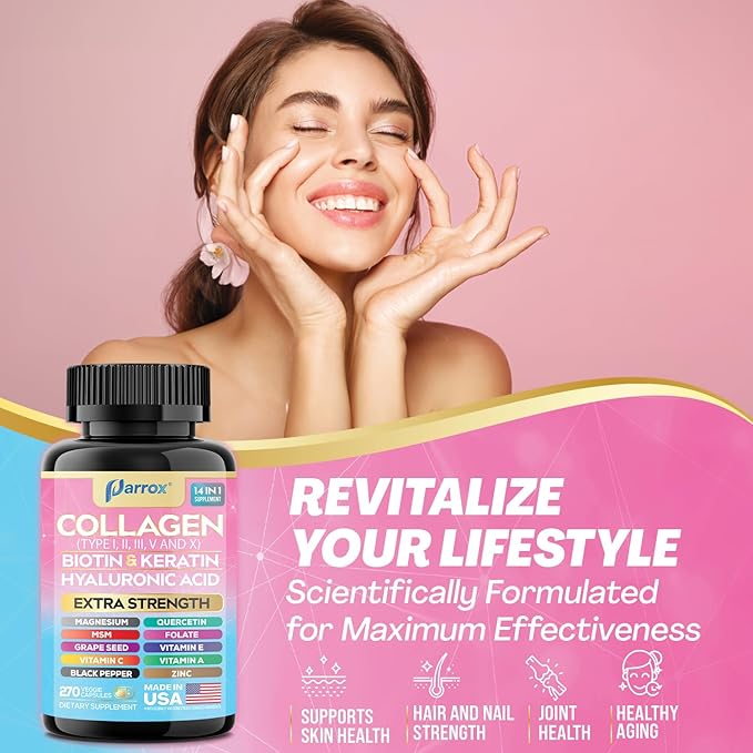Collagen Peptides Types I, II, III, V & X, MCG Biotin, Keratin, Hyaluronic Acid, MSM, Zinc, Grape Seed Extract, Quercetin, Vitamin A, Vitamin C, Vitamin E, Magnesium, Folic Acid (270 Capsules)