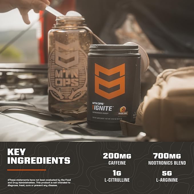 MTN OPS Ignite Sugar Free Energy Drink Powder Trail Packs with 200mg Caffeine, Travel Pre Workout Packets for to-Go Energy, Nootropic Blend, L Arginine & L Citrulline, 20 Servings, Pineapple Crush