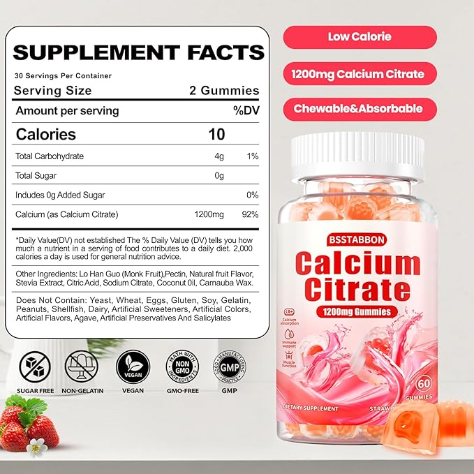 Calcium Citrate Supplement Gummies for Adult: Women & Men Sugar Free 1200 mg Calcium Chewable Gummy - Organic Natural High Absorption Vegan Supplements for Energy Immune Support (120Count