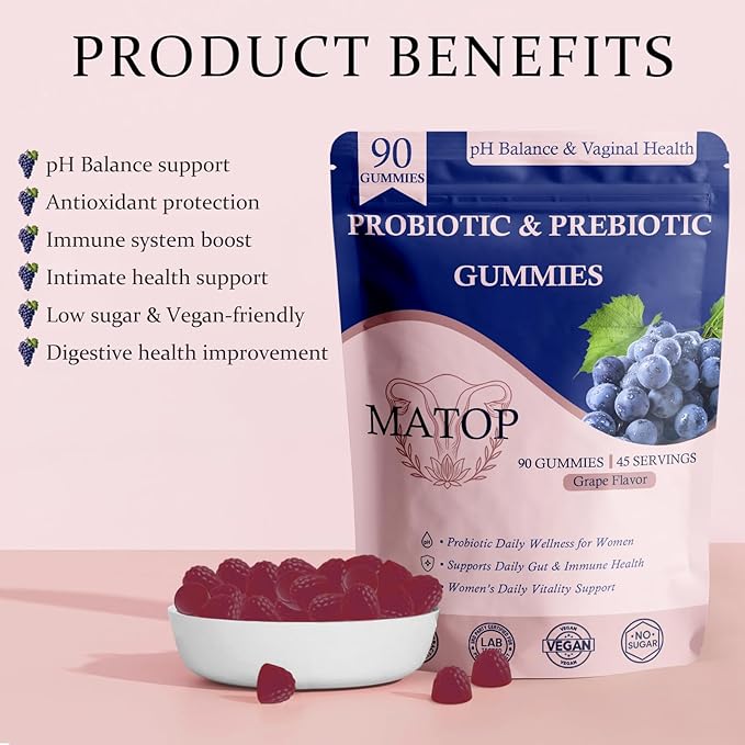 MATOP Vaginal Probiotic Prebiotic Gummies for Women - Vaginal pH Balance & Digestive Support, Grape Flavor, Vegan, Sugar-Free, Gluten-Free, 90 Count
