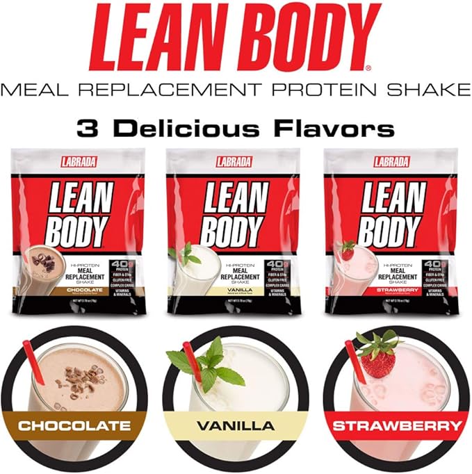 Lean Body All-in-One Strawberry Meal Replacement Shake. 40g Protein Whey Blend, 8g Healthy Fats & Fiber, 22 Vitamins and Minerals, No Artificial Color, Gluten Free, (80 MRP Packets)
