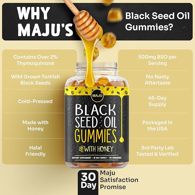 MAJU's Black Seed Oil Gummies with Honey 90ct, 500mg BSO Gummy, Black Cumin Seed Nigella Sativa Oil, Cold-Pressed, Potent Formula, 90ct